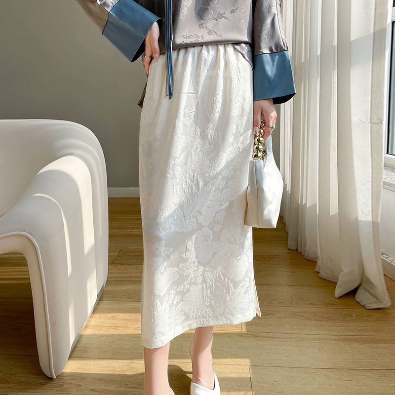 新中式国风提花半身裙女春夏松紧高腰绿色开叉包臀醋酸真丝中长裙