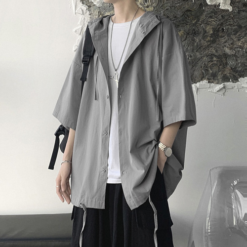 Thin, Loose, Fashionable Streetwear Hooded Sweatshirt, Shirt-like Outerwear for Men, Summer, Ins, Hong Kong Style, Japanese Style, Five-Button Sleeve