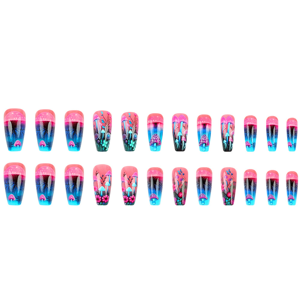 Fantasía de color gradiente hongos bosque lluvioso desgaste de uñas Y2K atmósfera de comercio exterior 24 piezas de uñas falsas suministro directo