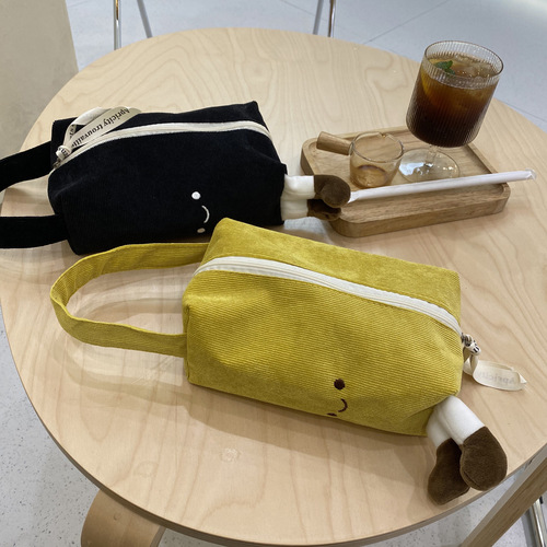 Soft and Cute Embroidered Corduroy Handbag with 3D Little Feet Makeup Bag