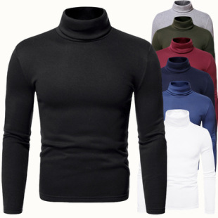 Cross-Border 2023 Autumn and Winter New Men's Turtleneck Long-Sleeved T-Shirt Ebay European Size Fleece-Lined Pure Color Bottoming Shirt for Men 7 Colors
