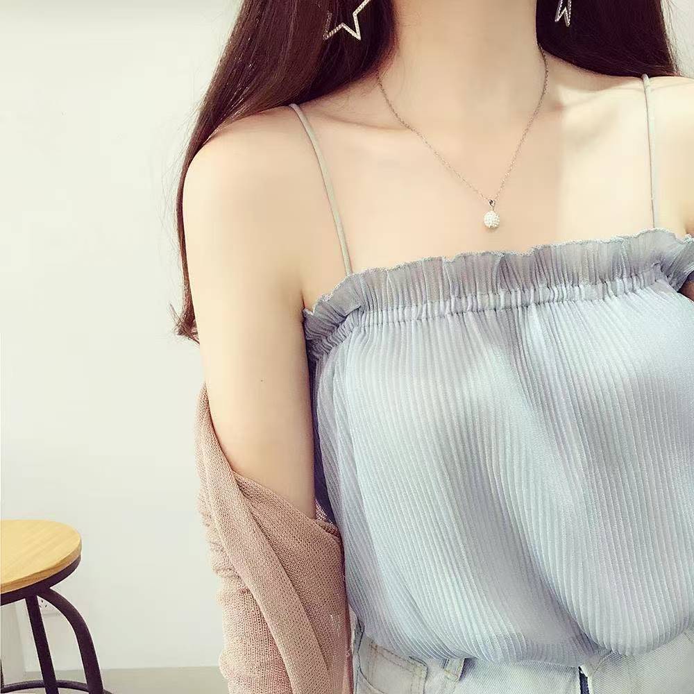 Women’s Ruffled Pleated Chiffon Camisole, Sleeveless Tummy-Concealing Summer Top, Pink — detail image 2