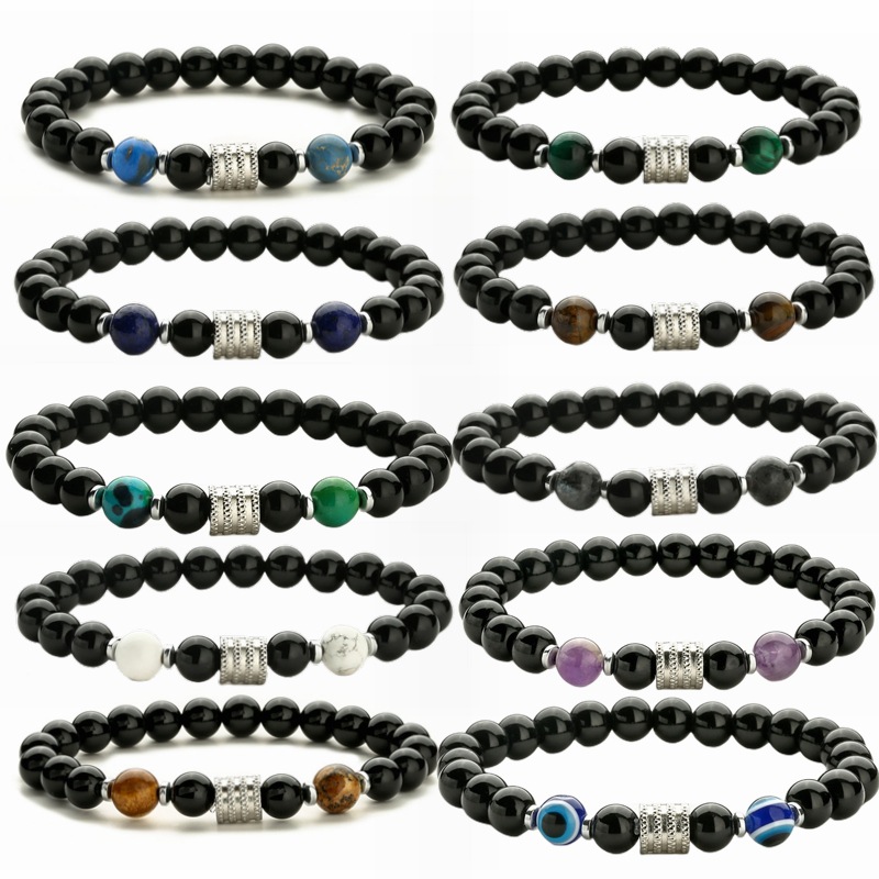 Ojo de tigre de acero inoxidable negro brillante piedra pulsera de los hombres transfronteriza pulsera de cuentas elástica Amazon europeo y americano