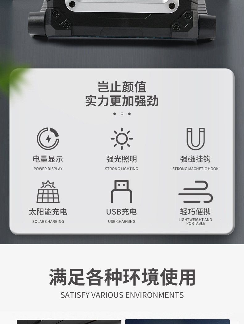 New COB solar-powered portable lamp, LED emergency floodlight, USB charging portable camping lamp pic 2