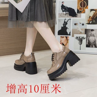 10厘米小皮鞋粗跟松糕厚底2025春秋新款内增高百搭真皮女士单鞋子