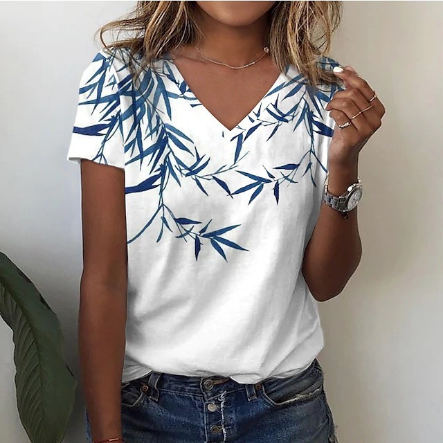 Summer European and American Export Women's Clothing Independent Station New V Neck Top 3D Rose Morning Glory Graphic T-Shirt