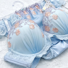 跨境外贸日本日系纯欲性感蕾丝刺绣大胸显小胸聚拢文胸罩内衣套装