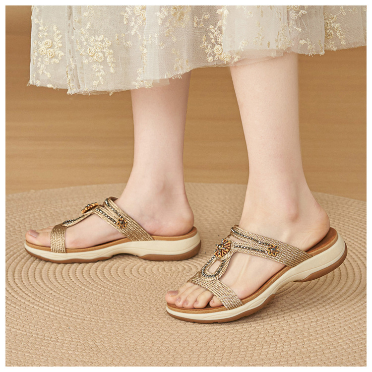 Dép sandal nữ quai chữ V đế xuồng thêu điện bohemian — Champagne màu, màu đen, màu hồng chi tiết 6