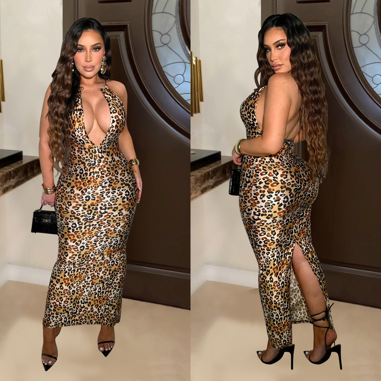 C6982 Aliexpress transfronterizo Amazon estación independiente de moda europea y americana vestido de leopardo salvaje vestido largo image 5