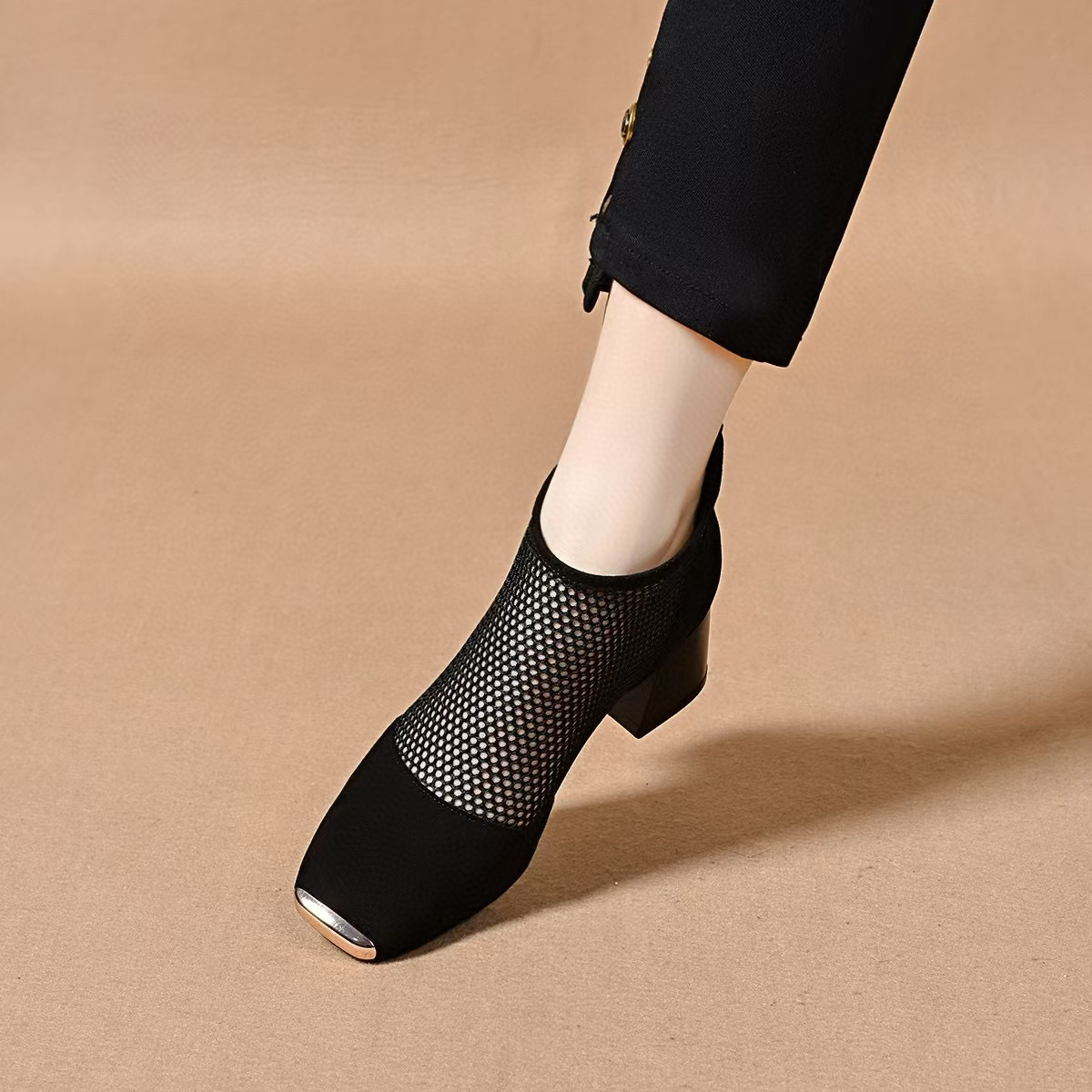Giày sandal nữ da thật mũi vuông phối lưới kiểu La Mã, gót dày, thoáng khí, boot ngắn phối lưới — màu đen chi tiết 5