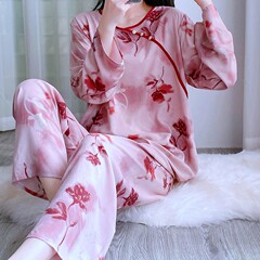 春と夏の女性のための中国風長袖綿シルクパジャマ、人工綿シルク薄い新しい中国風の涼しいホーム服の外で着用できます