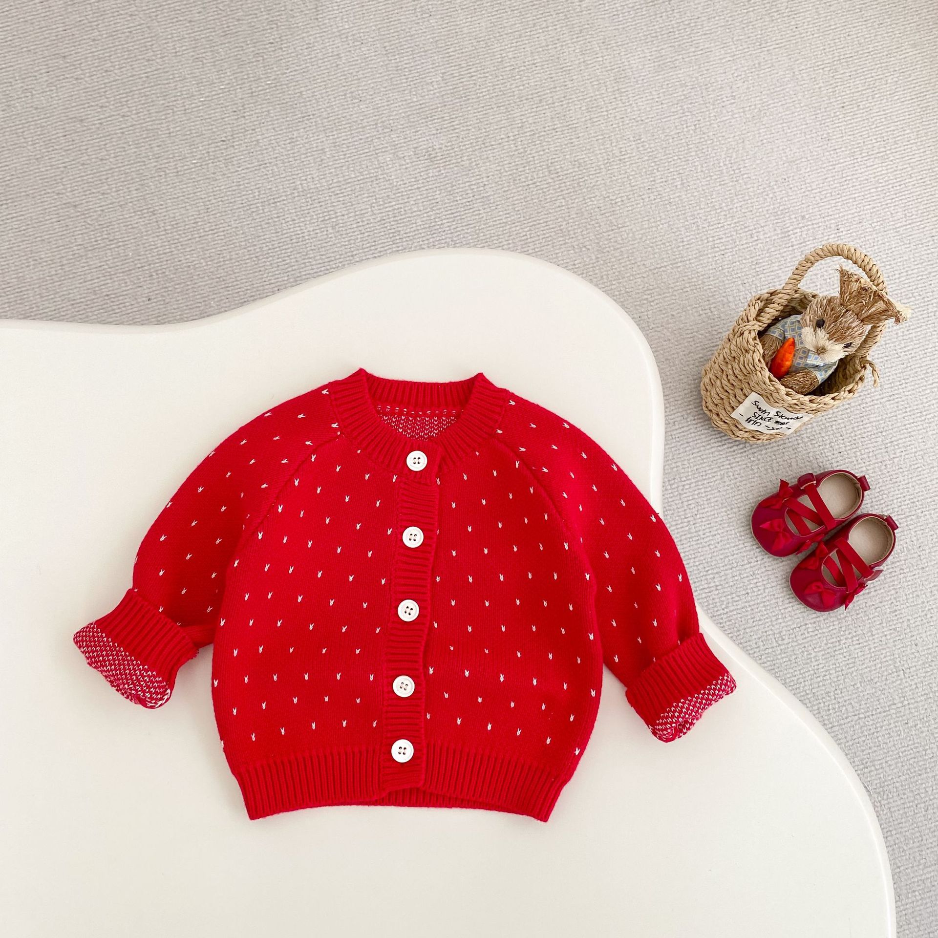Autumn Children's Fashionable Sweet Baby Girl's Jacquard Red Knitted Coat Cardigan