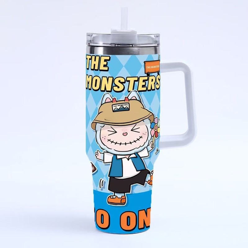 クロスボーダー漫画 Labubu40oz 車のカップ大容量アイスバーカップ 304 ステンレス鋼ストローカップ車の水カップ|undefined