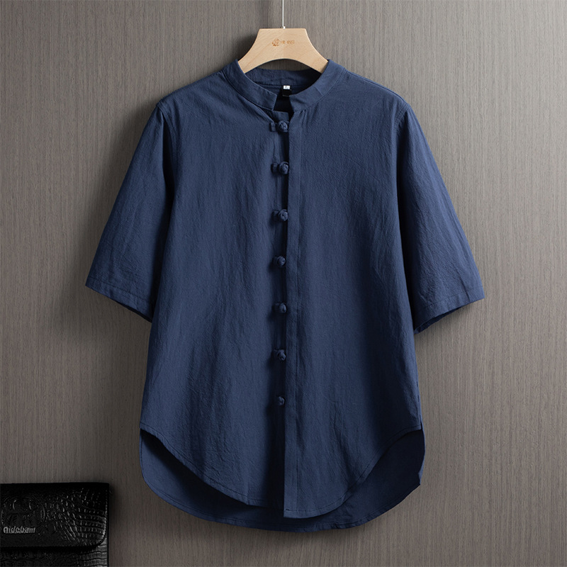 Chinese Style Imitation Cotton and Linen Short-sleeved Shirt Men's Summer Vintage Vertical Collar Buckle Half-sleeved Shirt Loose Casual Shirt