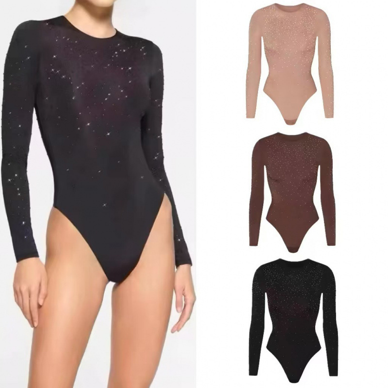 Skims Kardashian Style Long-Sleeve Rhinestone Hot Girl Sexy Bodysuit Waist-Slimming Shapewear T-Shirt Versatile Style