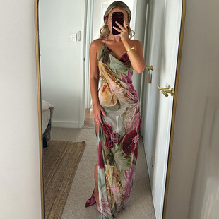 2024 Winter New Cross-border European and American Style Sexy Waist Backless Lace-up Long Dress Hanging Neck French Split dress