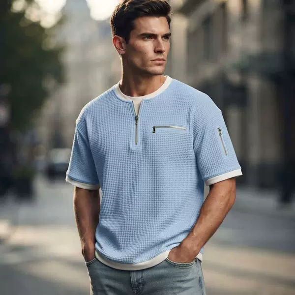 Cross-Border European and American Summer Hot-Selling New Style Stand-Collar Zipper Short-Sleeve Polo Shirt, Waffle Pattern Color-Blocking Casual Men's T-Shirt