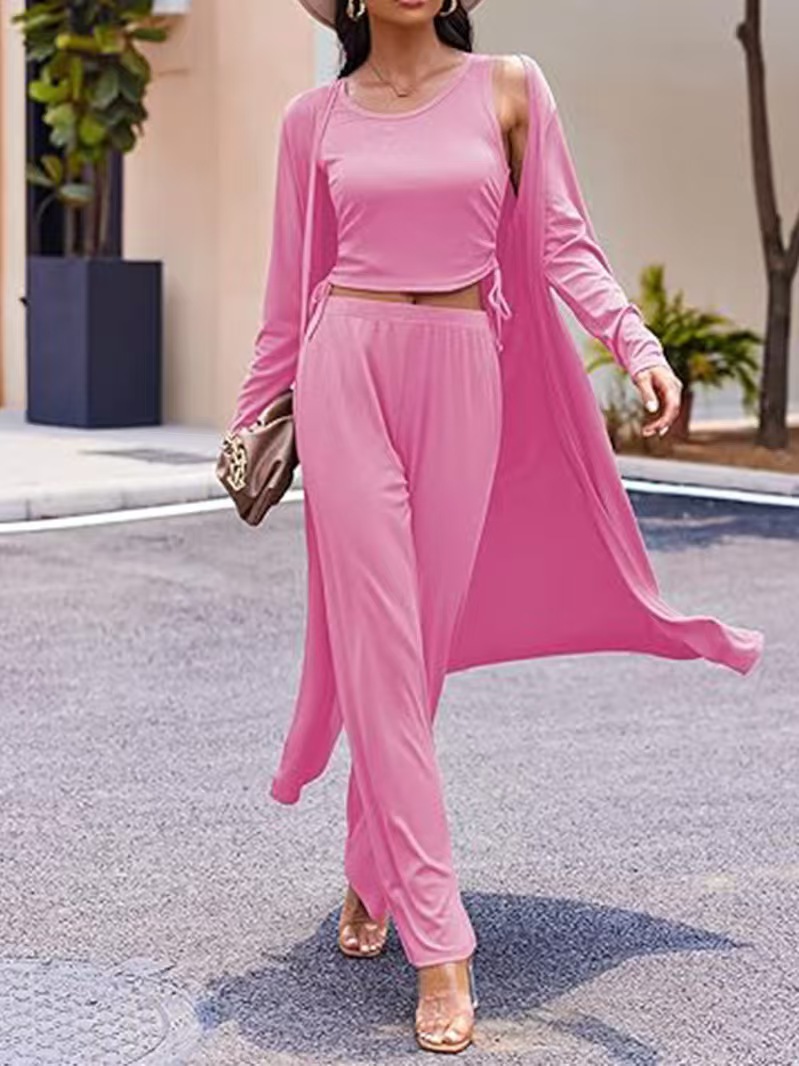 3-teiliges Strickjacken-Westen-Set für Damen mit Kordelzugtaschen – Langärmliges Freizeitoutfit für den eleganten Alltag_voghion.com