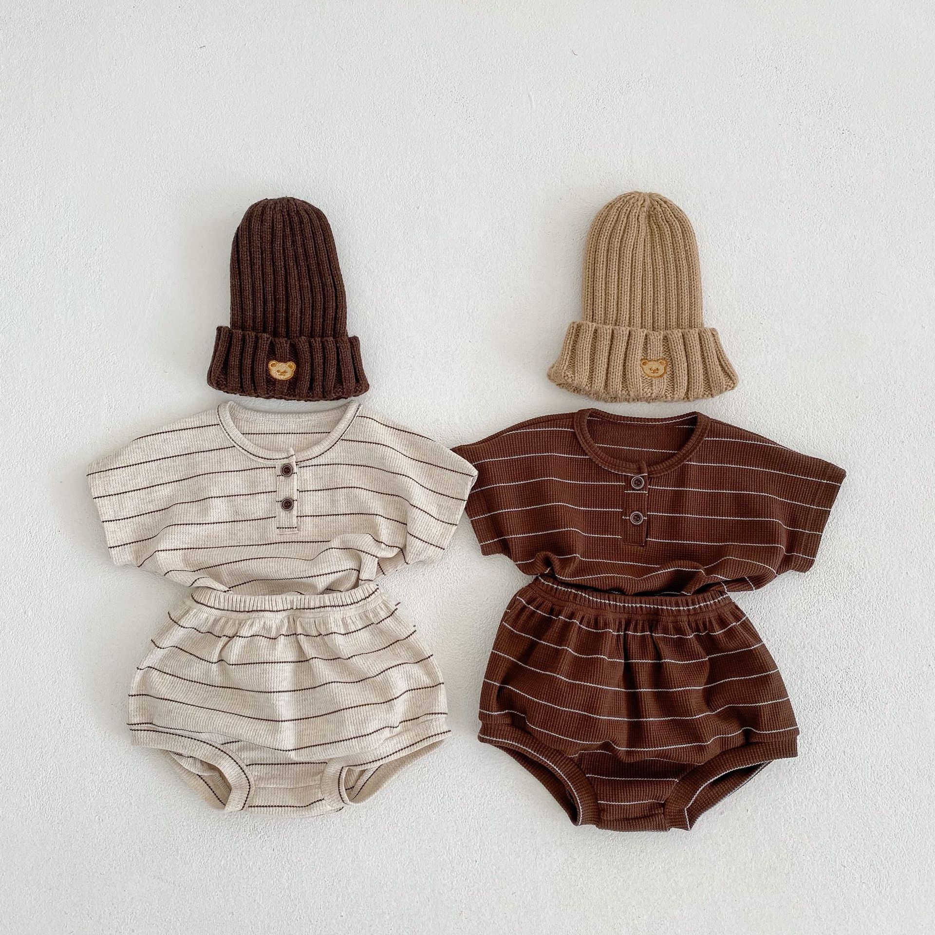 Ins2024 Baby Suit Summer Fashion Stripesd Pullover Round Neck Short-Sleeved T-Shirt Two-Piece Set Baby Outing Clothes