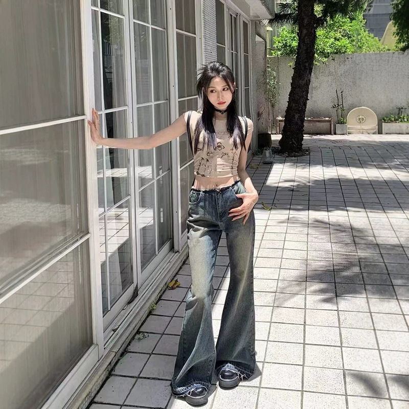 American Style Retro Dressed Micro-Lar Jeans Women's Summer Thin Rashed Wide Leg Straight Low Waist Flared Pants for Women