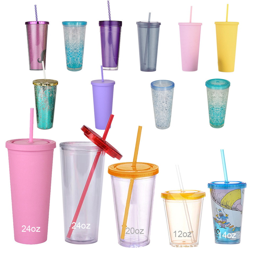 Taza de paja de plástico de alta capacidad al aire libre 16oz24oz logotipo de regalo de negocios portátil