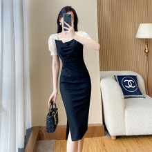 黑色短袖连衣裙女装2024夏季法式新款小个子气质穿搭裙子sn