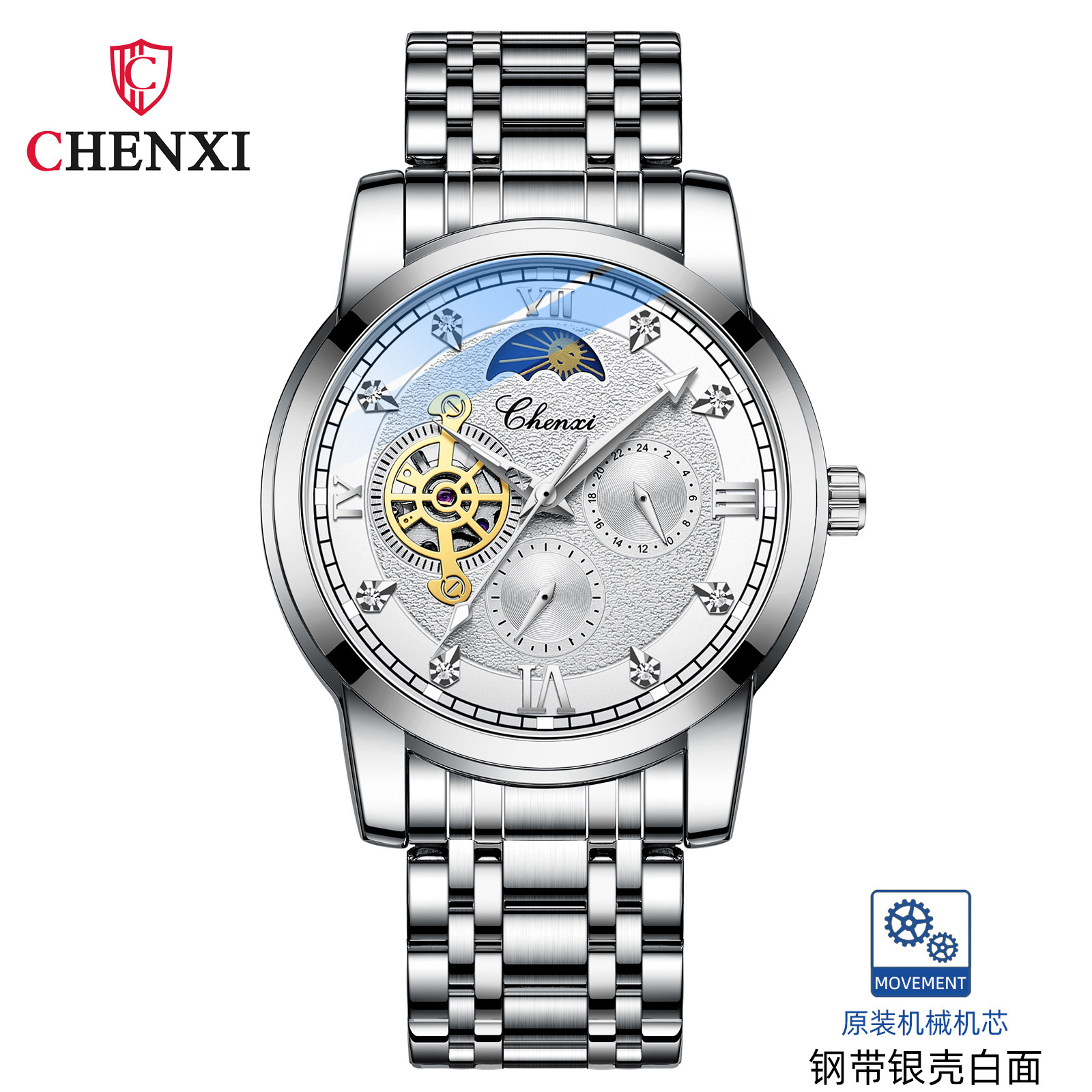 CHENXI reloj casual reloj mecánico automático de los hombres fase lunar nueva mariposa hebilla correa de acero hueco-hacia fuera transparente inferior