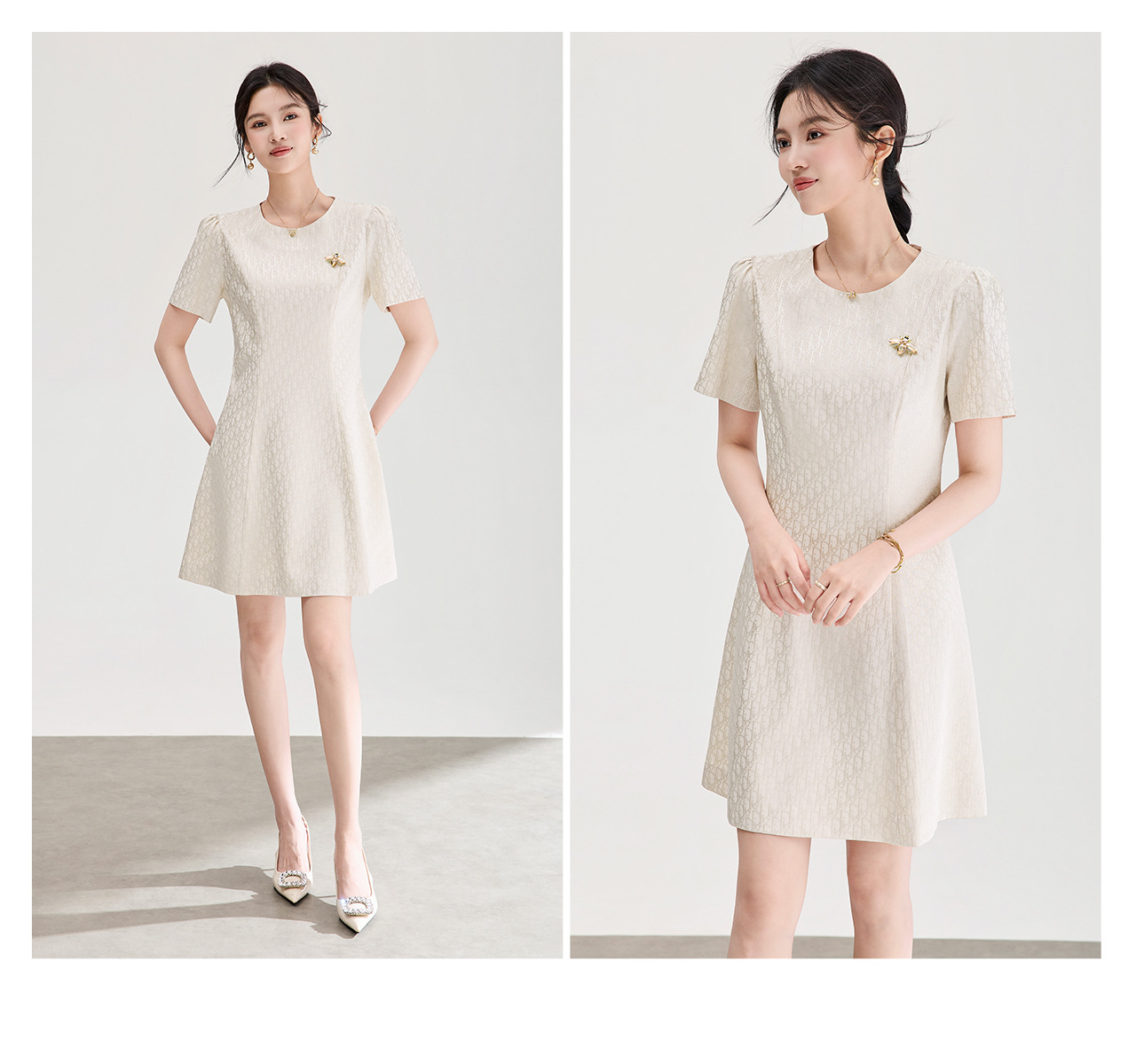 Đầm ngắn tay thắt eo jacquard kiểu dáng thanh lịch mùa hè — màu hồng chi tiết 20