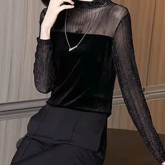 [着用可能 40-85kg] 大きいサイズの女性用長袖トップス、新しいスタイルのメッシュ気質、ファッショナブルなハーフタートルネックボトリングシャツ|undefined