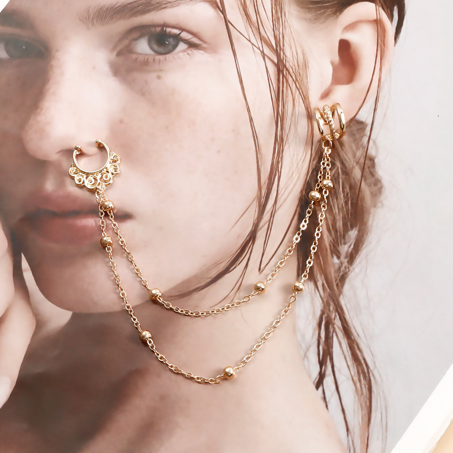 Teufelsauge-Quasten-Nasenring an Ohrkette mit Nieten, nicht durchbohrter Septum-Reifenring, indischer Bauchtanz, Party-Nasenzubehör für Frauen und Mädchen_voghion.com