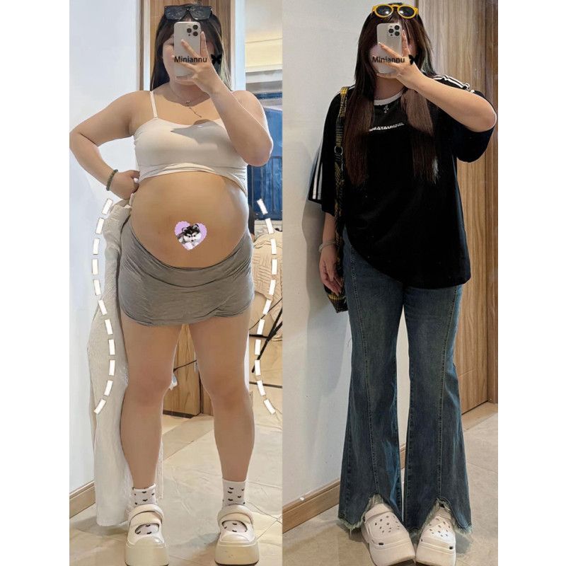 플러스 사이즈 빈티지 스플릿 마이크로 청바지 여성의 2024 봄과 가을 뉴 통통녀 하이 웨이스트 슬림 와이드 레그 롱 팬츠