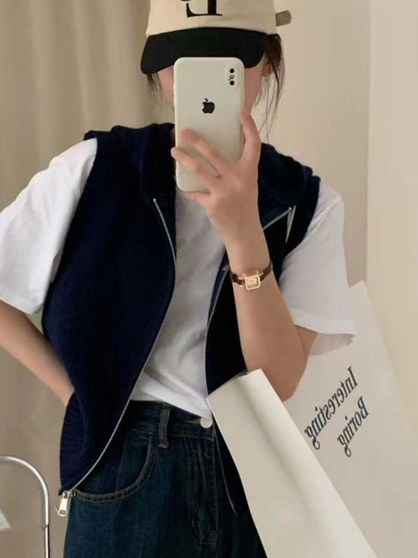 针织开衫马甲女2025早秋季新款宽松无袖休闲百搭拉链连帽毛衣外套|undefined