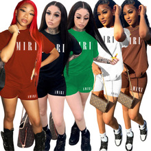 K1014欧美跨境女装亚马逊独立站印花圆领短袖短裤两件套套装