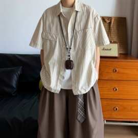 日系复古细条纹短袖衬衫男女同款夏季工装抽绳短款老钱风休闲衬衫