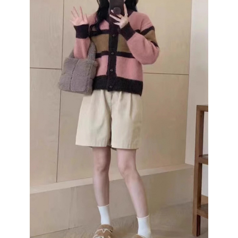 KANING韩版复古撞色条纹针织开衫2025秋冬新款减龄宽松毛衣外套女|undefined