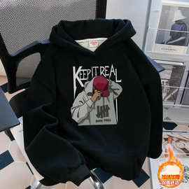 男童加绒卫衣连帽冬款潮牌中大童加厚保暖上衣儿童大男孩冬装童装