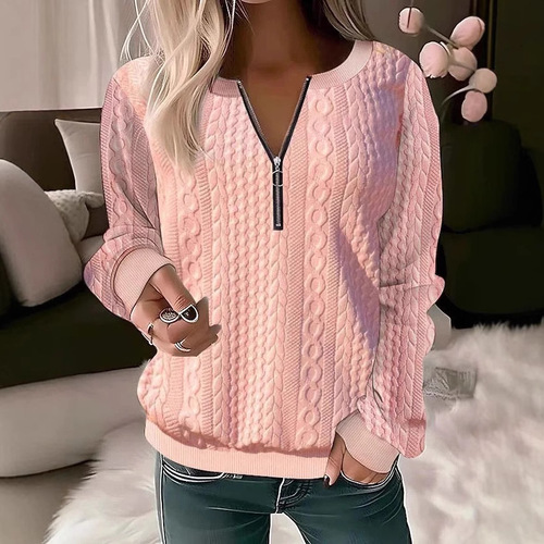 2024 European and American Cross-border Amazon Independent Station Autumn and Winter New Women's Long Sleeve Solid Color V-neck Zip T-shirt Top
