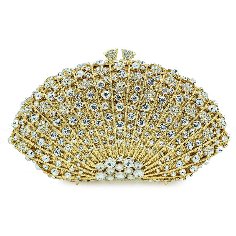 Bolsa de cena con diamantes en forma de ventilador transfronteriza bolsas de diamantes metálicas huecas bolsas de fiesta celebridades europeas y americanas reuniones anuales bolsas de mano de mujeres púrpura oscuro