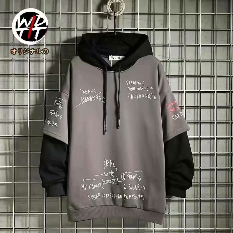 Autumn and Winter Japanese retro fashion brand trendy fake two-piece fleece-lined sweater men's ins color matching Korean style loose hoodie