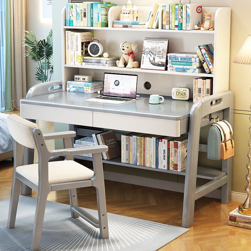 Solid Wood Desk Bookshelf Integrated Table Home Bedroom Primary and Secondary School Students Liftable Writing Desk Girls and Children Study Table