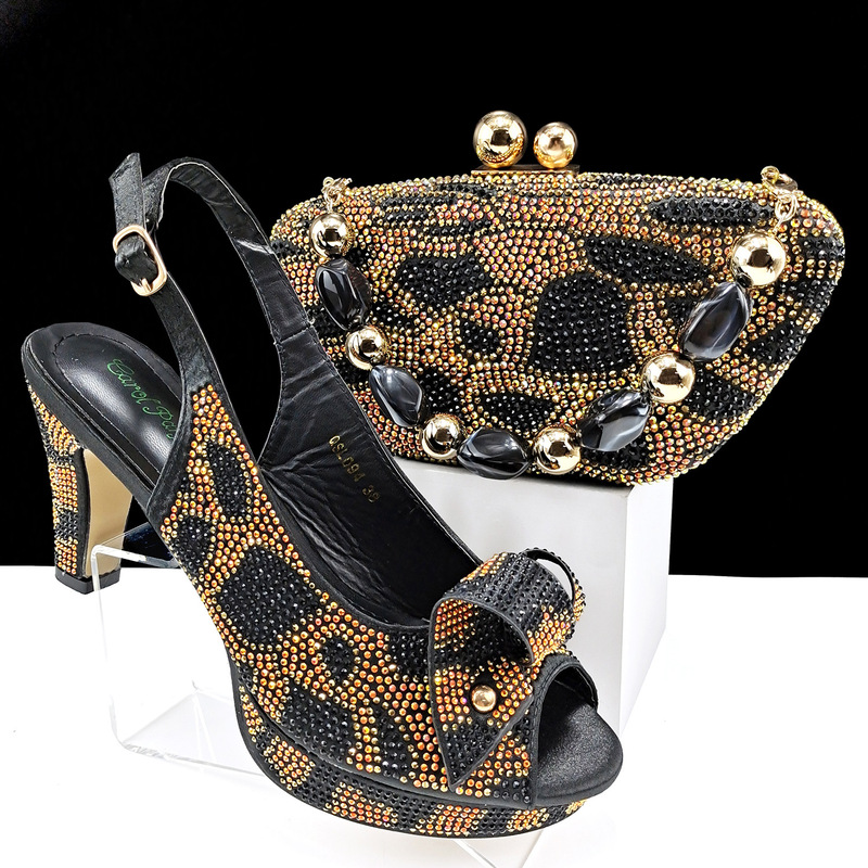 Full Rhinestone Leopard Print Bowknot Chunky Heel Women's Shoes with Matching Full Rhinestone Leopard Print Clutch Bag Party Shoe and Bag Set Cross-Border Supply