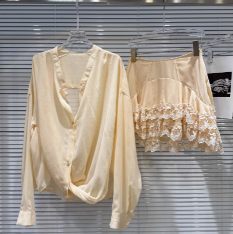 2026 New Summer Style French Socialite V-Neck Slightly Sheer Long-Sleeved Chiffon Shirt + Lace-Trimmed Flower Bud Skirt Lightweight Suit
