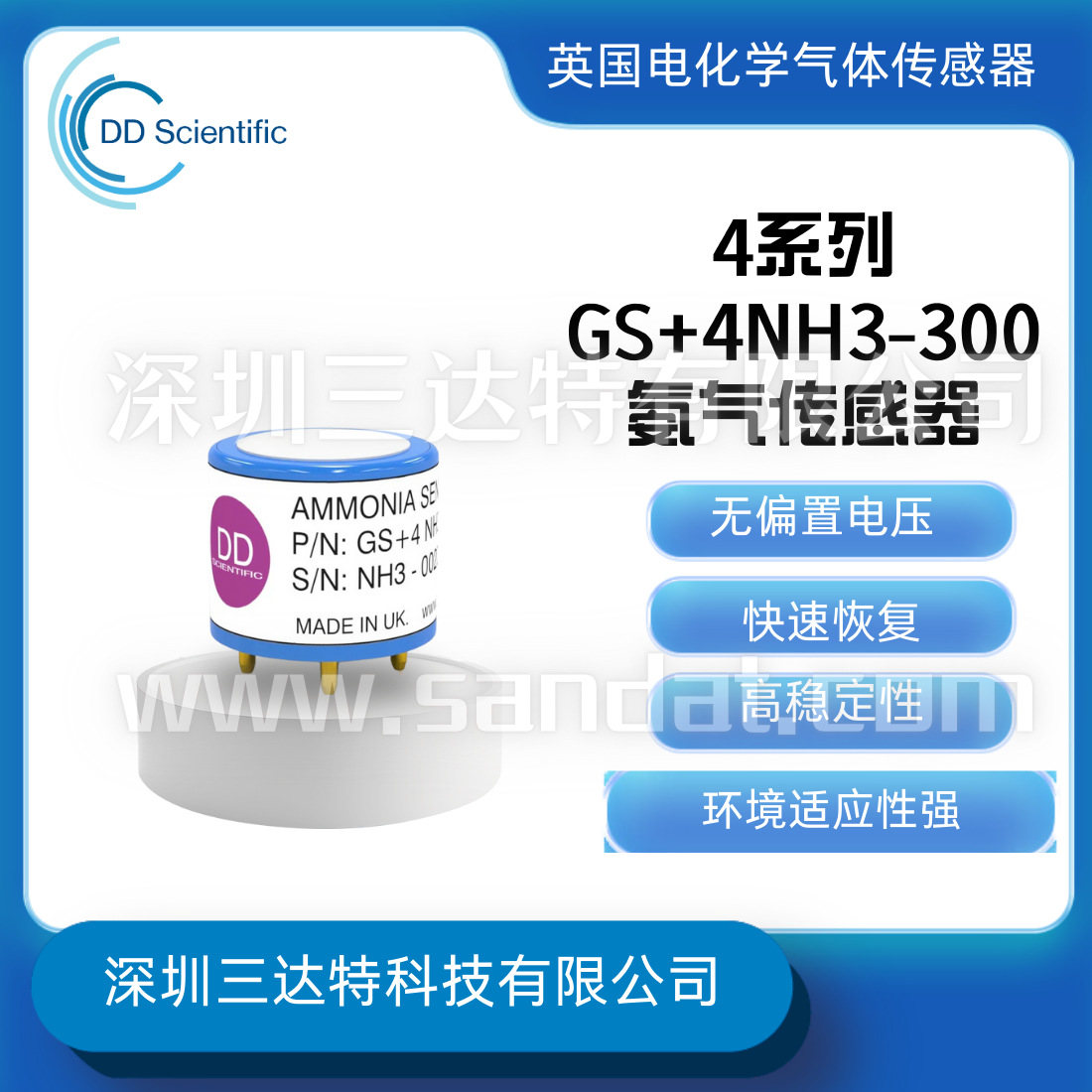 DDS氨气传感器GS+4NH3-300量程0-300ppm可替代CITY NH3/3E/500/SE