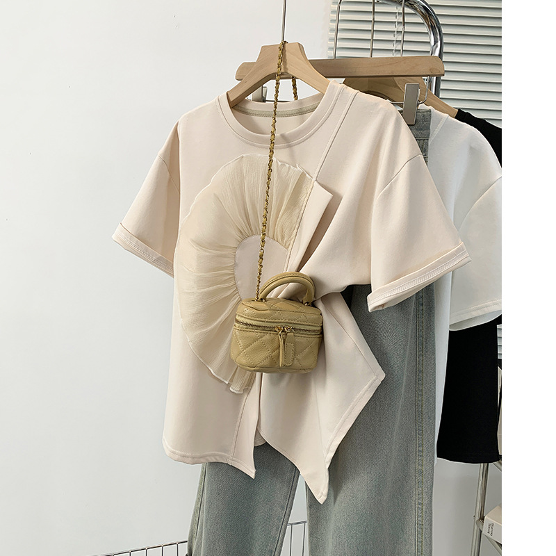 Apricot cotton summer short sleeve T-shirt with a round collar