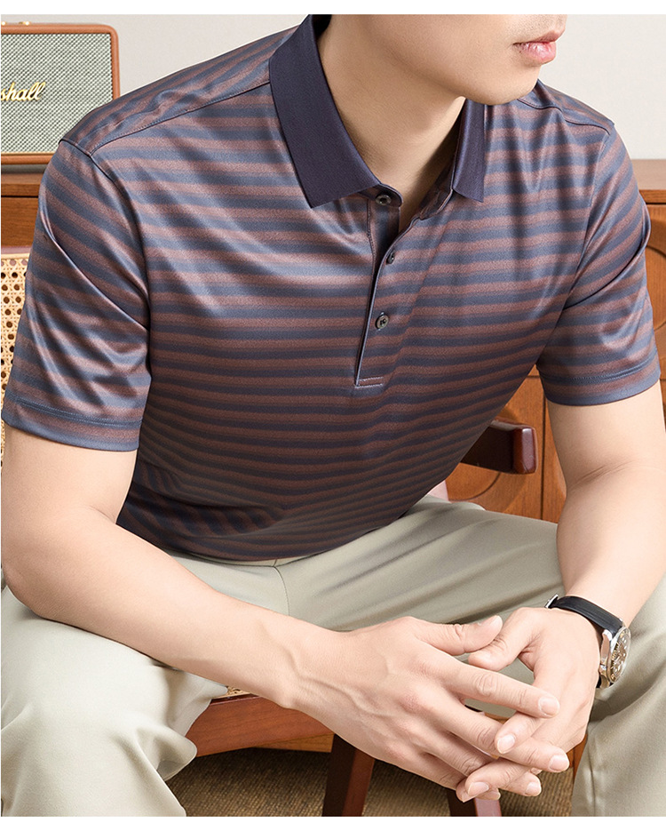 Áo polo nam tay ngắn cổ bẻ sọc kẻ chất liệu tơ tằm mulberry mềm mịn — Vàng tím 8878 chi tiết 20