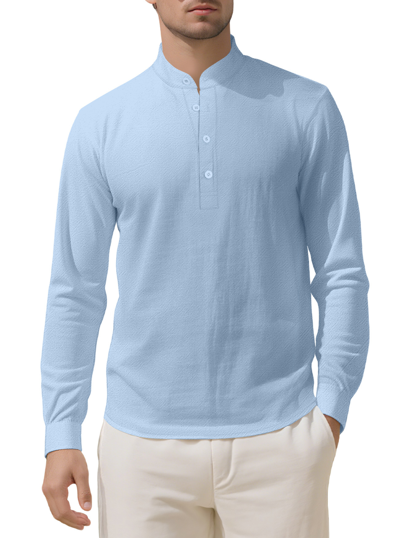 Nuevo comercio exterior de Amazon AliExpress ropa de hombre suelta lino sólido de manga larga camisa de cuello de hombre camisa casual