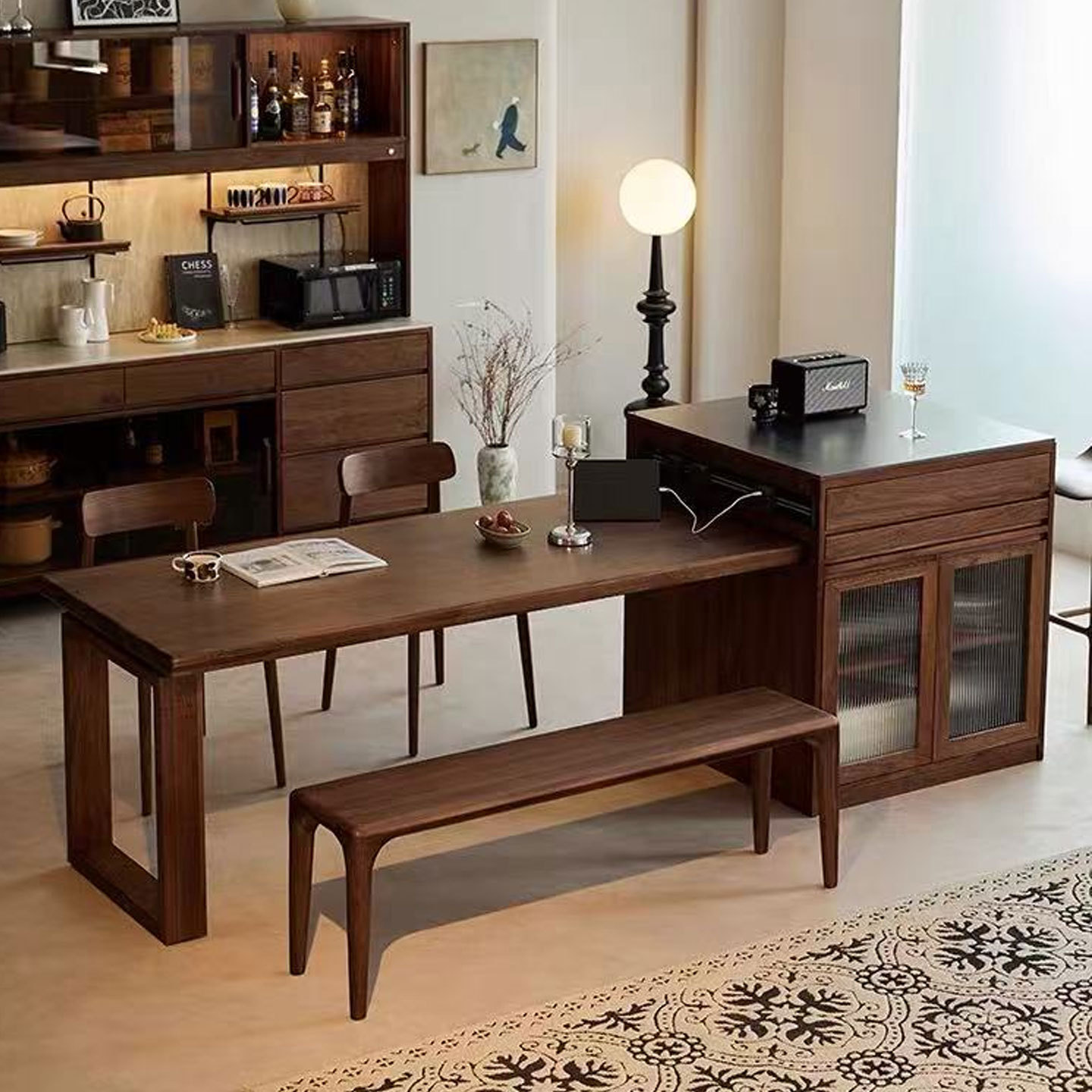 North American Black Walnut Slate Island Dining Table Integrated Home Storage Retractable Bar Table Multi-Functional Storage Cabinet