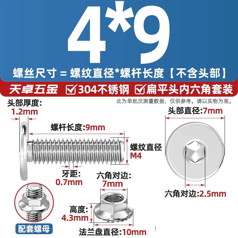 304不锈钢CM大平头超薄头C头扁平头内六角螺丝钉法兰边螺母套装M5|undefined