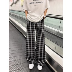 美式复古格子裤男夏季薄款松弛感慵懒休闲裤子宽松微喇阔腿运动裤