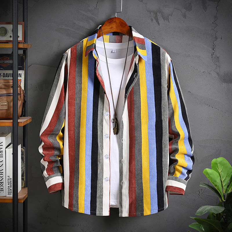 Long Sleeve Corduroy Striped Shirt Casual Men's Top Foreign Trade Men's Leopard Brown Striped Printed Shirt